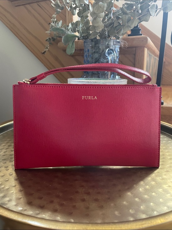 Furla Handbags - Furla Raspberry Red Leather Wristlet Clutch Zippered Wrist Strap